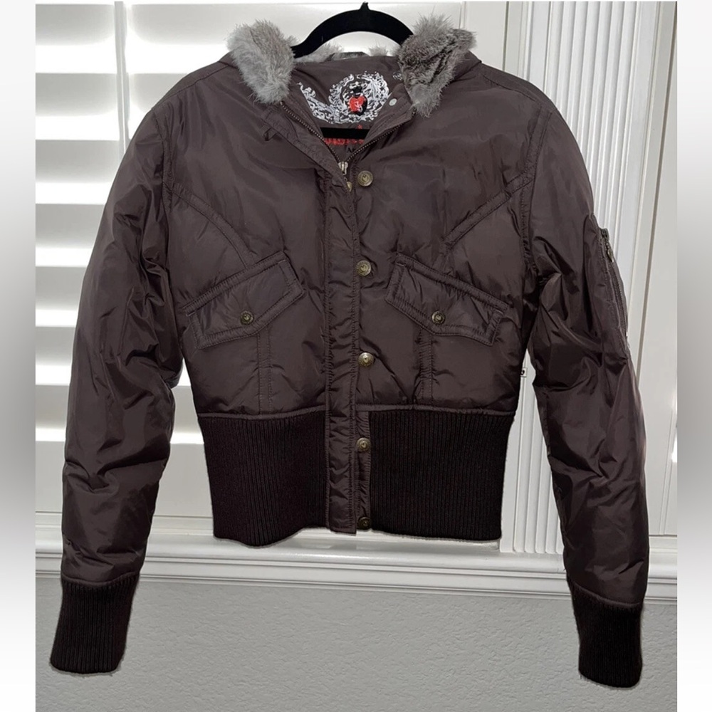Twisted Heart Y2K Chocolate Brown Puffer Jacket Rabbit Fur Lined Hood Medium HTF